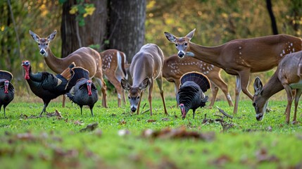White-tailed deer herd grazes on green grass with wild turkeys. Adult and young deer stand together, while turkeys roam freely in natural outdoors setting.