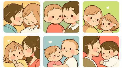 【背景】仲良し家族のイラスト素材。カラフルでポップ,ファミリー,かわいい,シンプル,