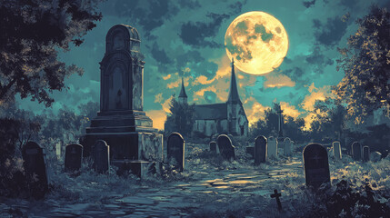 A graveyard with a large moon in the sky