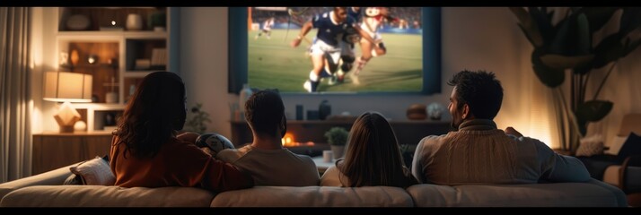 Intense soccer match between two teams displayed on large screen in cozy living room scene. Four friends engrossed on plush couch enjoying thrilling game atmosphere.