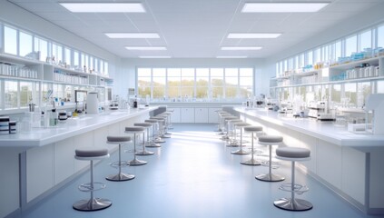 Modern laboratory setup showcasing clean surfaces and stylish seating.
