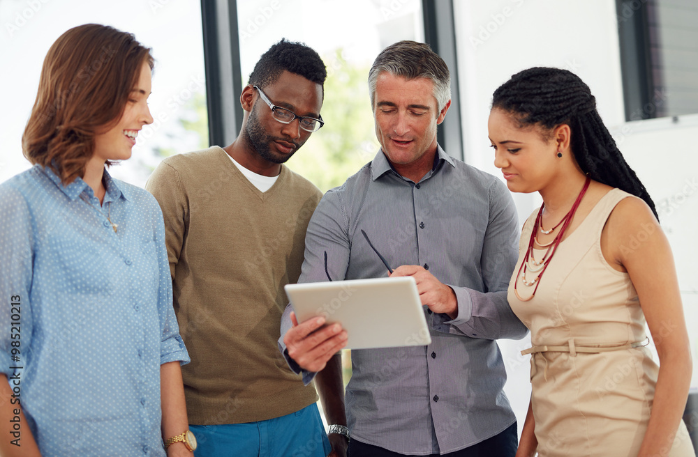 Poster Business people, tablet and team with discussion in office, diversity or reading for brainstorming at startup. Mature man, group and digital touchscreen with app with feedback at creative agency