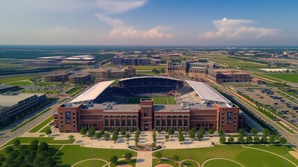 Aerial view of modern soccer stadium with hall of fame in Frisco, Texas. Large sports arena with rooftop, parking lots, and surrounding cityscape. Urban landscape with roads, buildings, and greenery.