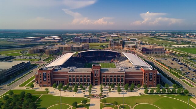 Aerial view of modern soccer stadium with hall of fame in Frisco, Texas. Large sports arena with rooftop, parking lots, and surrounding cityscape. Urban landscape with roads, buildings, and greenery.