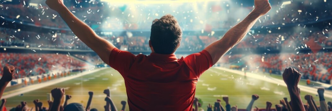 Soccer player kicks ball mid-air as crowd cheers in the background. Vivid red jersey stands out against blurred fans faces filled with excitement and anticipation. - Powered by Adobe