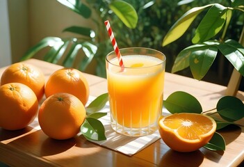 Fototapeta premium A glass of fresh orange juice with a straw, surrounded by whole oranges with green leaves