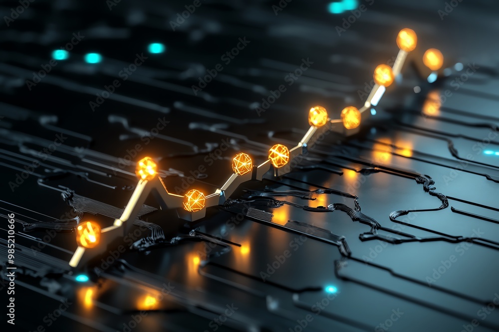 Poster Business analytics line graph, showing an upward trend with glowing points along the data curve