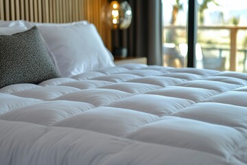 A Close-Up View of a White, Quilted Bedspread with Pillows