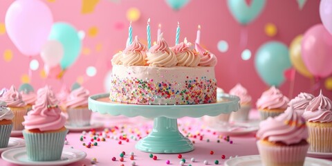 Birthday celebration cake and cupcake images from a bakery for party and brunch occasions.