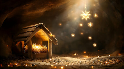 Obraz premium Christmas Nativity Scene with Star and Lights Illustration