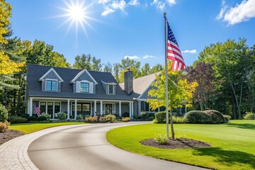 Luxury colonial home in new England style with American flag waving on sunny day. Classic architecture with high-end features, large windows. Beautiful lawn, garden with single tree in front.