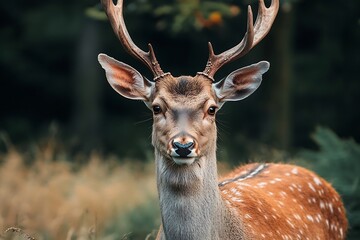 Obraz premium Closeup portrait of a deer with antlers looking directly at camera in a forest.