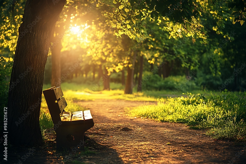 Sticker Lonely bench in a forest park during golden hour. Peaceful and relaxing scene.