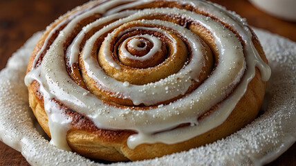Fototapeta premium sweet cinnamon roll with icing on top