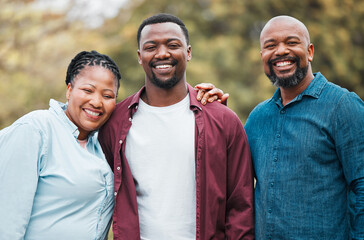 Black family, portrait and forest hug with man, relax and together for love in relationship. People, senior parents and son in embrace for support, outdoor bonding and travel to Nigeria for peace