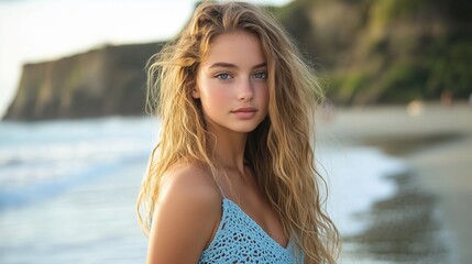 Young woman with long blonde hair standing on a beach with cliffs in the background.