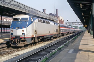 Naklejka premium Amtrak train stopped at a modern station with a large platform. Urban building with blue accents and a busy transit network. Passenger train arriving in a bustling town with a rich architecture.