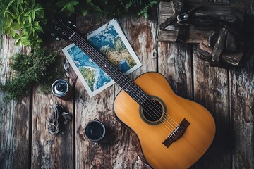 Fototapeta premium Acoustic Guitar, Map, and Coffee on a Rustic Wooden Table