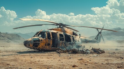 Abandoned military helicopter in desert with rust and damage