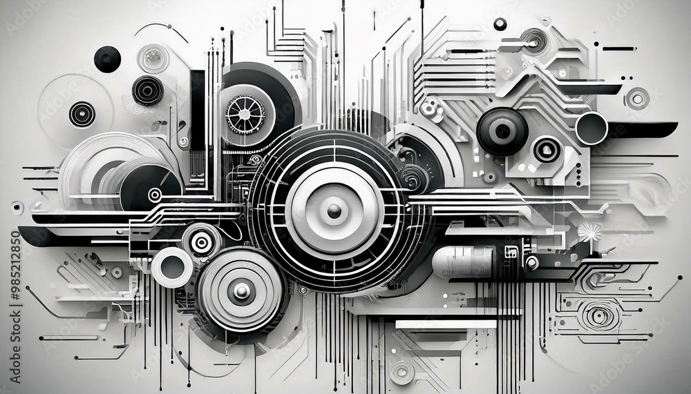 Poster abstract white and black technology background with various tech elements