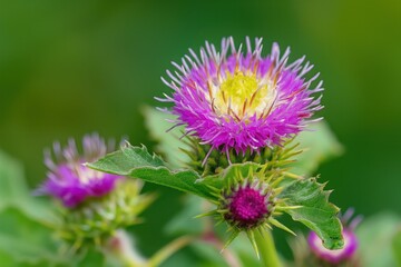 Obraz premium Close-up of great burdock flower with prickly stem, pink-purple petals. Blooming in meadow with green grass, wildflowers. Attracting pollinators like bumblebees. Medicinal herb with beautiful blooms.