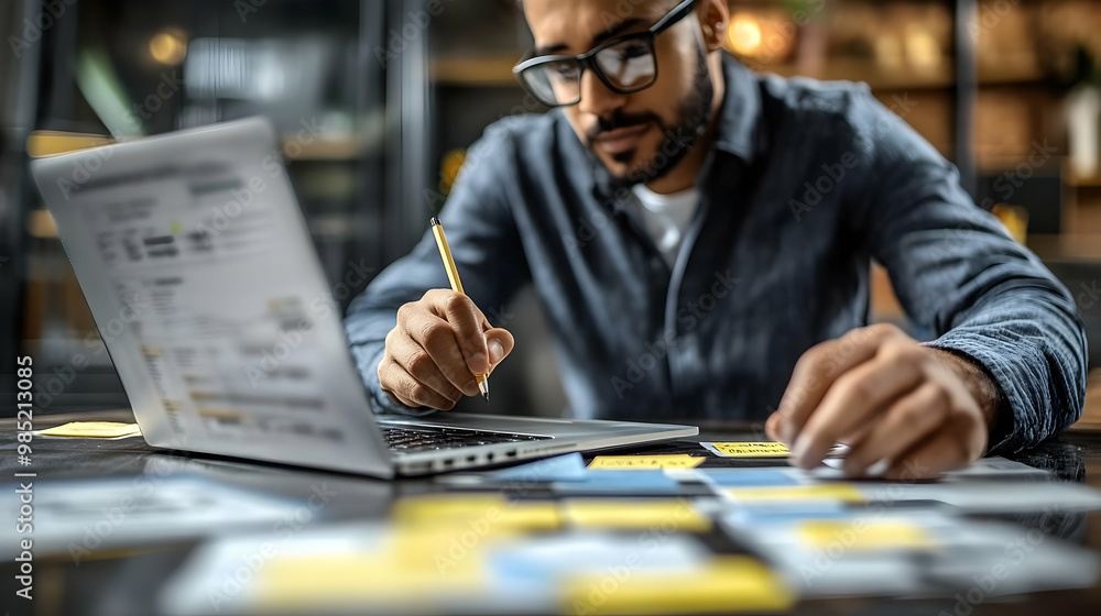 Poster man writing on sticky notes on laptop - realistic image