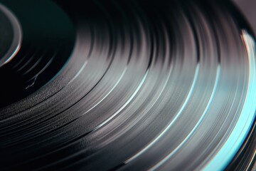 Close-up of black vinyl record with shiny surface. Record tilted to the right, creating dynamic composition. Blurred background draws focus to vinyl disc, depth of field.