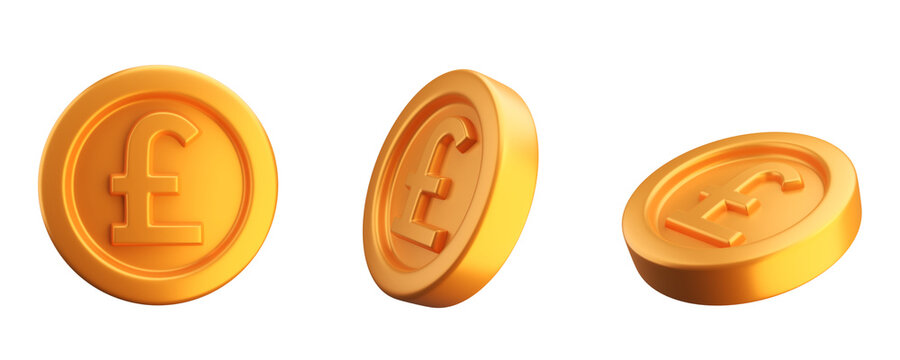Set of 3D pound sterling gold coins in perspective. Currency of United Kingdom, rendering illustration