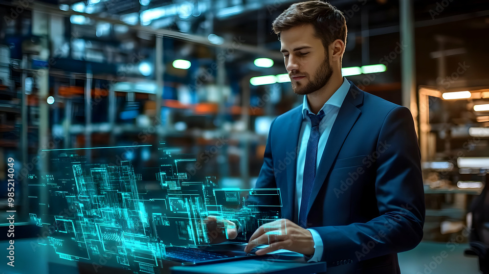 Poster man in blue suit uses laptop with digital interface - realistic image