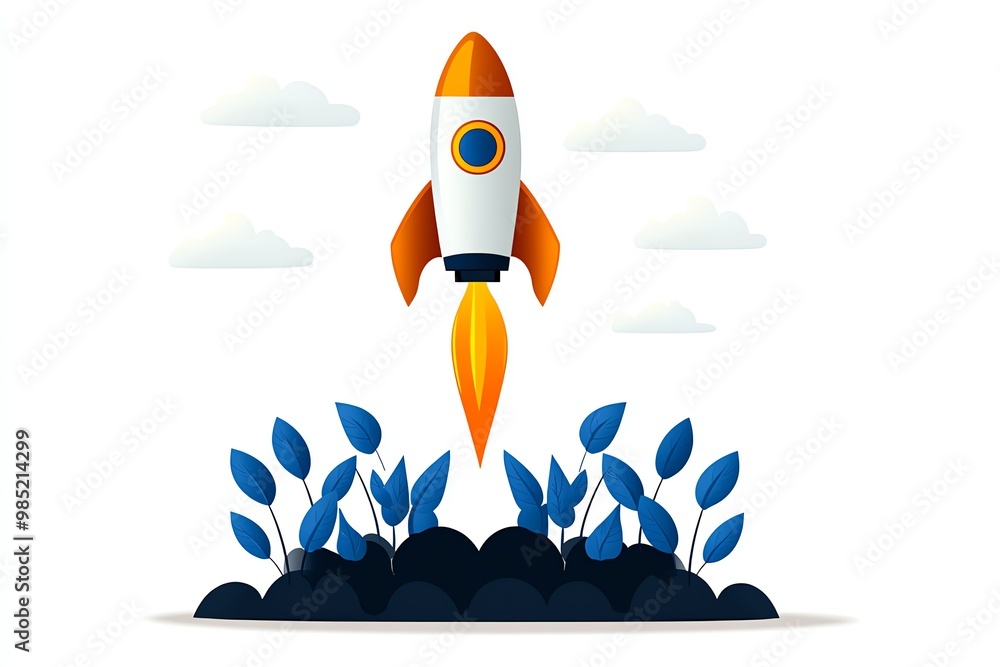 Poster business growth chart with a rocket, showing rapid acceleration and progress for startups in an acce