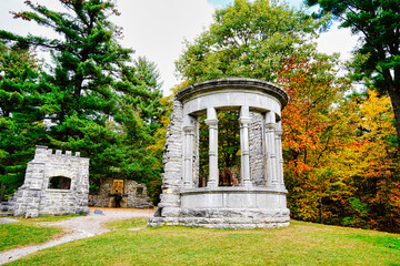 The Abbey Ruins in Mackenzie King estate during Fall,historic building relics from Canadian...