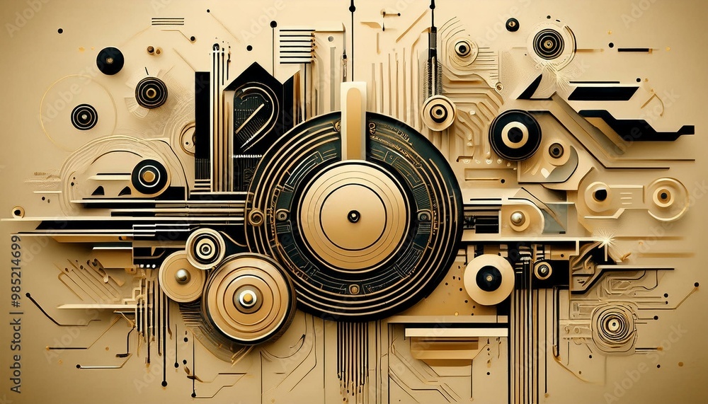 Poster abstract cream and black technology background with various tech elements