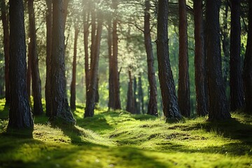 Fototapeta premium Sunlight Filtering Through Trees in a Lush Green Forest