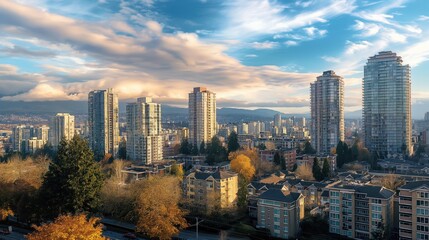 Fototapeta premium Modern cityscape in Burnaby, Canada with skyscrapers and buildings. Cloudy sky with few clouds. Busy city with tall tower, landmark building. City landscape with scenic view.