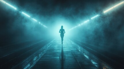 Silhouette of a woman running through a foggy tunnel illuminated by bright lights.