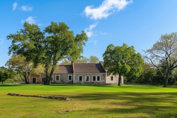 Obraz premium Old wooden house with green field, trees on sunny day. Natural beauty of historic landmark building architecture. Exterior view of luxury home with garden, leafy plants. Bright, beautiful scenery of