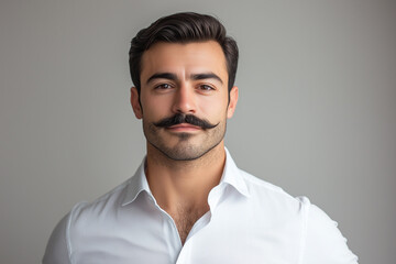 Obraz premium Businessman white crisp shirt poses against a subtle beige background, showcasing a modern minimalist style and a Movember moustache