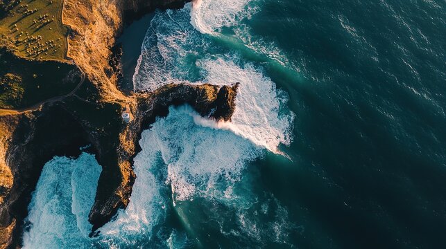 Aerial view of rugged coastline with crashing waves and rocky outcrop, showcasing the beauty of nature and ocean dynamics. - Powered by Adobe