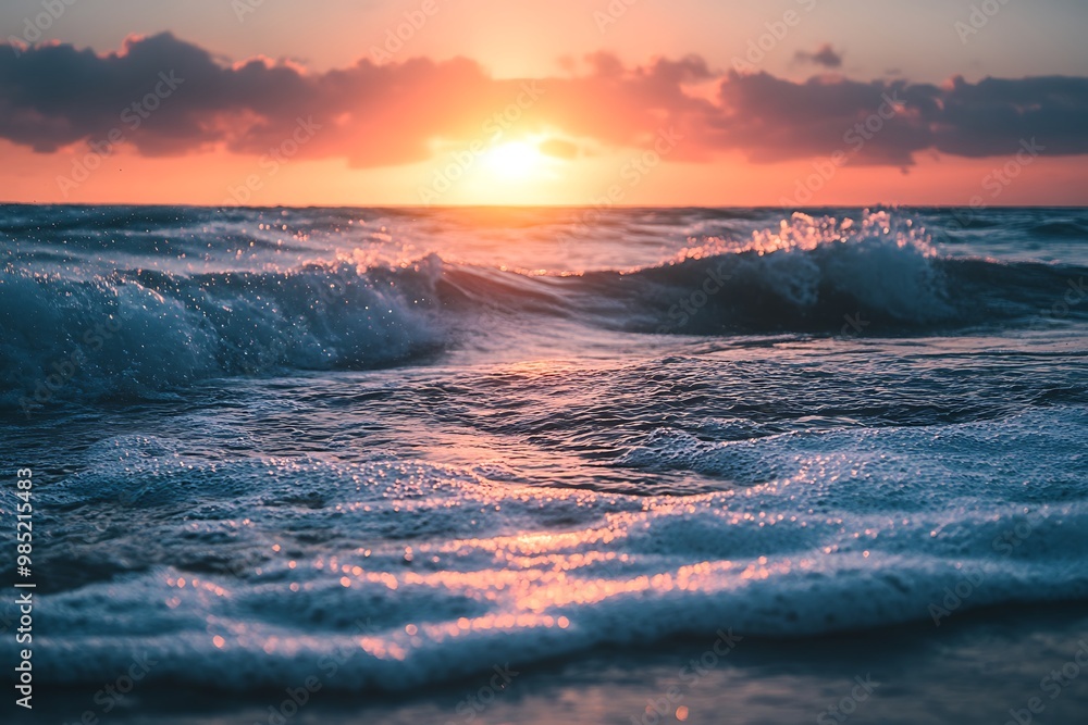 Canvas Prints Dramatic Sunset Over Ocean Waves with Golden Sky and Clouds