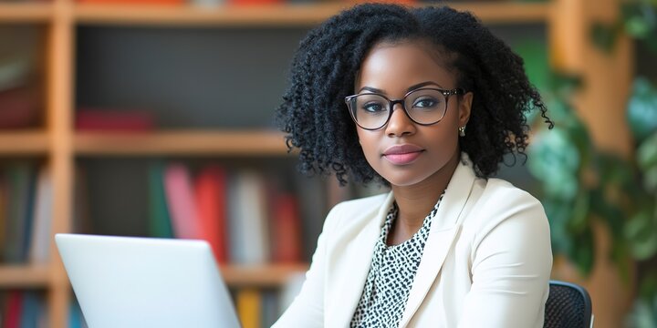 Young poc woman working at a laptop in an office. Professional at work 