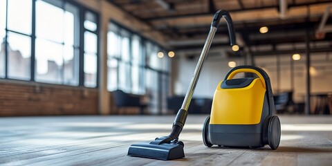 Fototapeta premium Yellow vacuum cleaner on the wooden floor against the background of an empty office building after renovation The concept of cleaning premises after renovation Copy space 