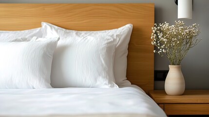 White Bedding and Flowers on a Wooden Nightstand