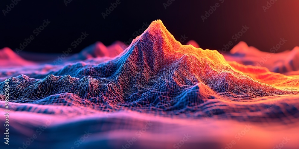 Poster wireframe mountain in bright colors landscape wire with depth of field effect