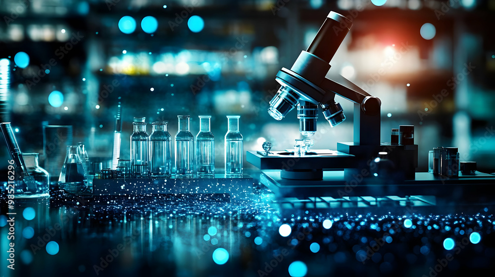 Poster microscope and flasks in a laboratory setting - 3d illustration
