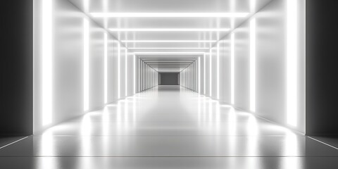 White background 3D room light abstract space technology tunnel stage floor. Empty white future 3D neon background studio futuristic corridor render modern interior silver road black wall design gray 