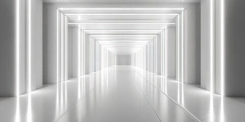 Fototapeta premium White background 3D room light abstract space technology tunnel stage floor. Empty white future 3D neon background studio futuristic corridor render modern interior silver road black wall design gray