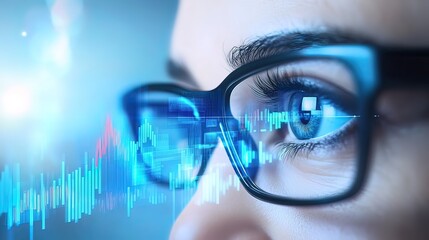 Close-Up of a Person's Eye with Glasses Reflecting Digital Data
