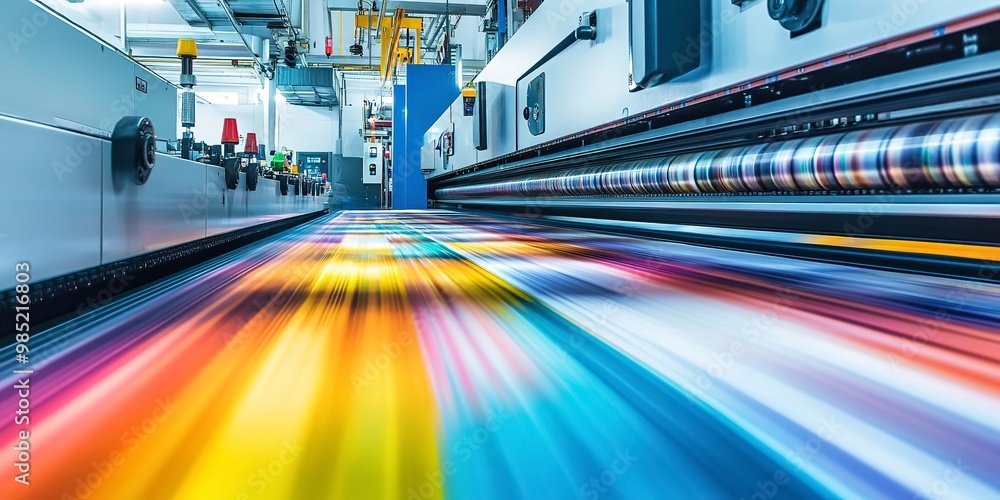 Poster the production floor of a big digital printing company with large print machines printing packaging 