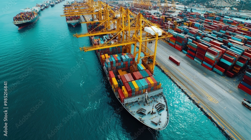 Poster aerial view of a busy port with customs checks in progress