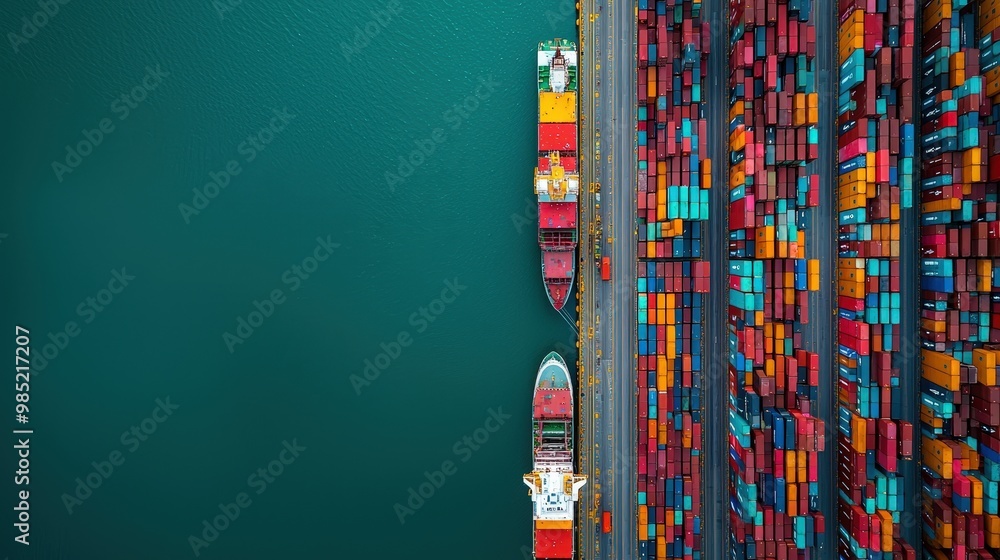 Poster aerial view of a busy port with customs checks in progress